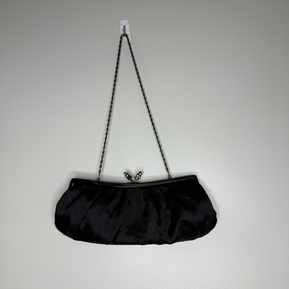 Y2K VTG Evening Bag Shoulder Handbag Clutch  Black Sateen Gem Studded Kiss Close